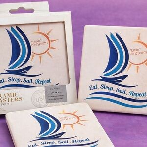 Eat Sleep Sail Repeat Ceramic Coasters – Set of 4 | Nautical Decor | Cork Backed